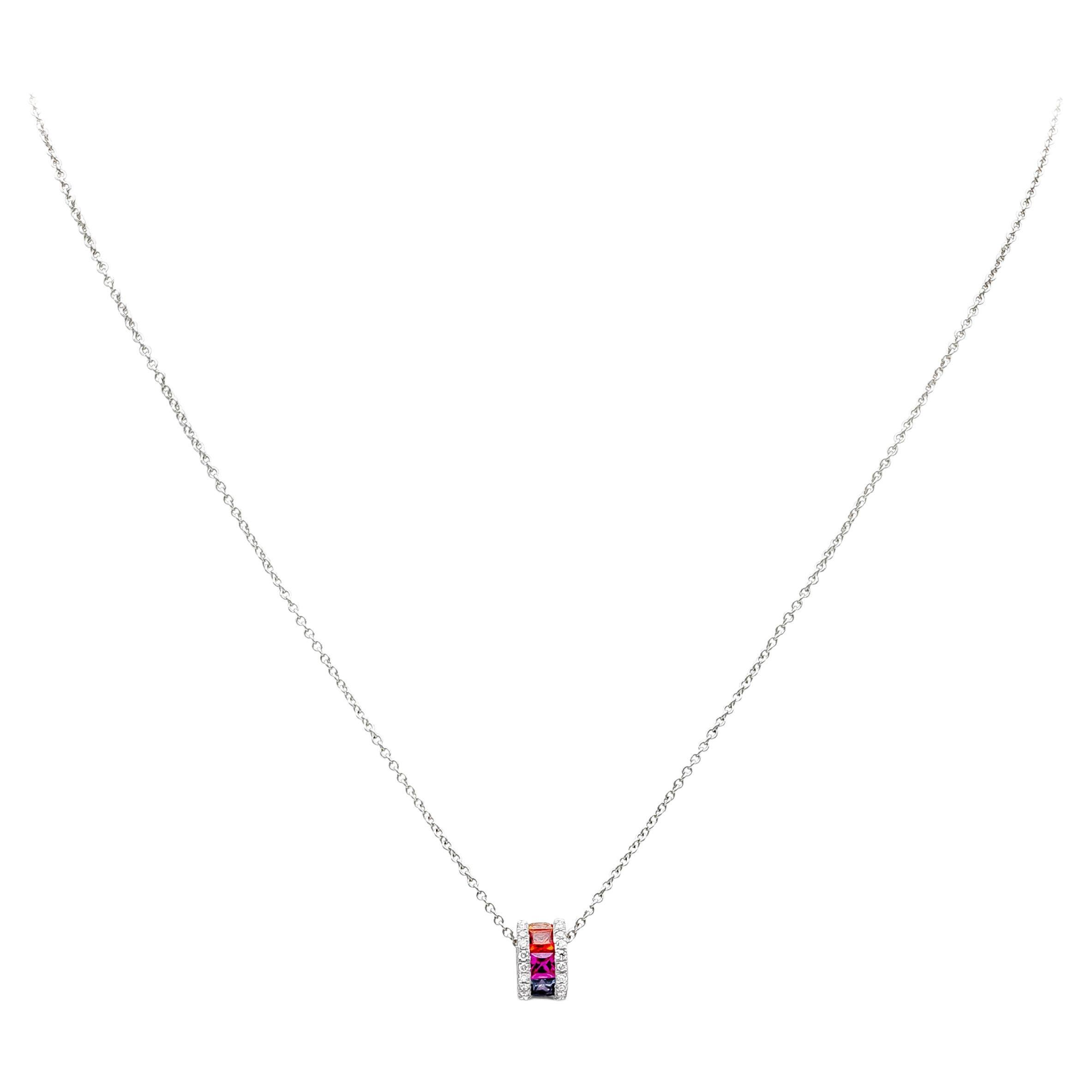 0.82 Total Carat Multi Color Princess Cut Sapphire with Diamond Pendant Necklace For Sale