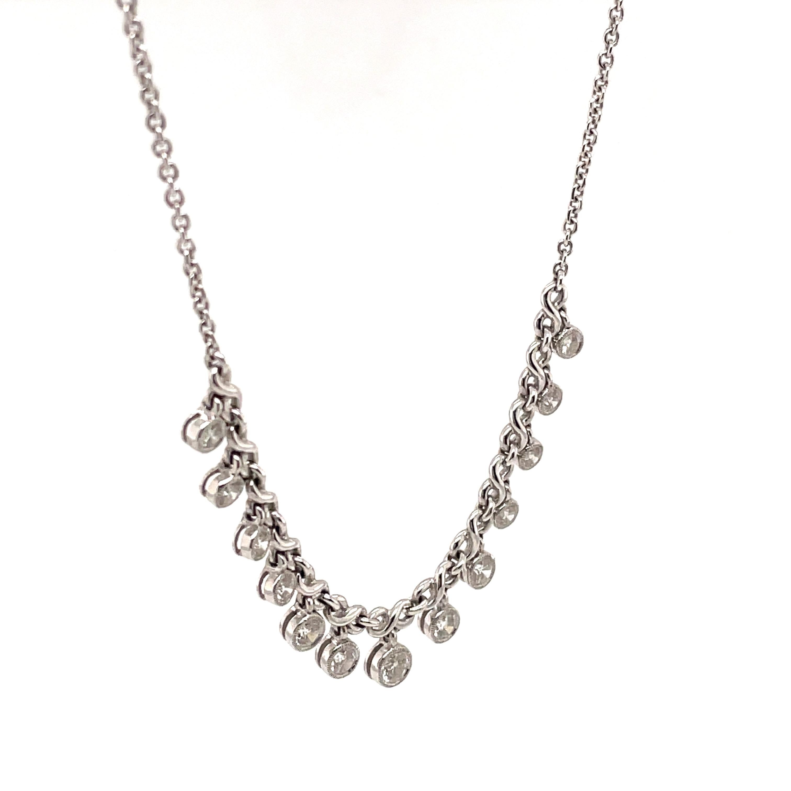 Contemporary 0.82ct Dangling Bezel Set Diamond Necklace 18k White Gold For Sale