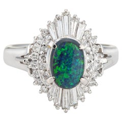 0.82ct Natural Black Opal Ring Diamond Estate Platinum Sz 6.5 Mixed Cuts