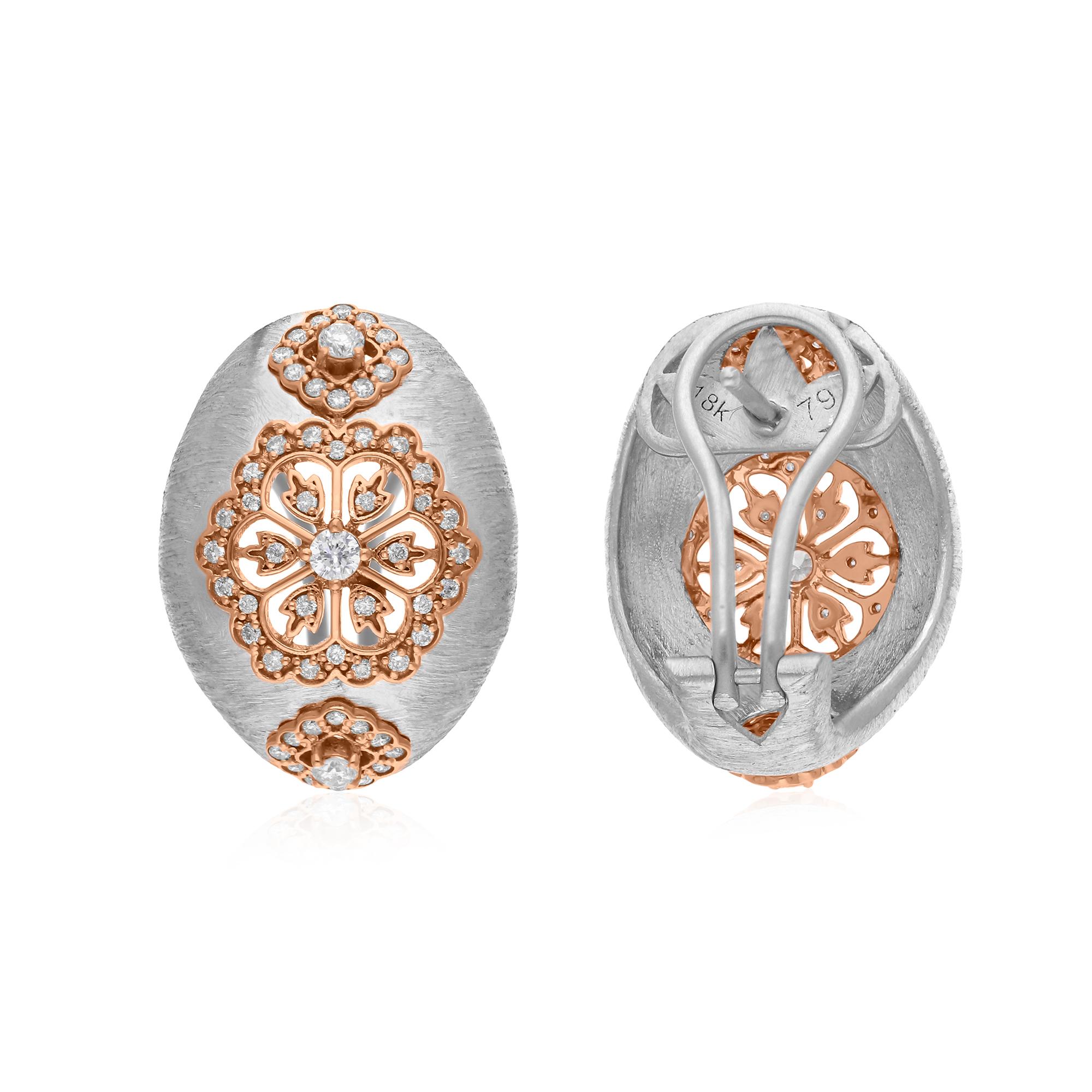 Moderne 0.82Ct SI/H Round Diamond Two Tone Floral Filigree Clip-On Earrings 14k Gold en vente