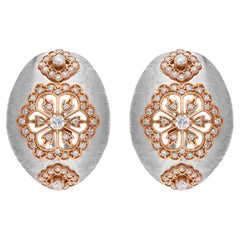 0.82Ct SI/H Round Diamond Two Tone Floral Filigree Clip-On Earrings 18k Gold