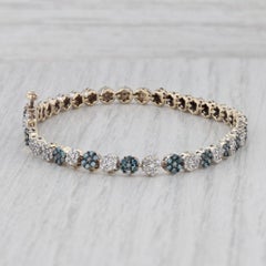 0.82ctw Blue White Diamond Flower Cluster Tennis Bracelet 10k Yellow Gold