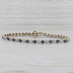 0.82ctw Blue White Diamond Flower Cluster Tennis Bracelet 10k Yellow Gold