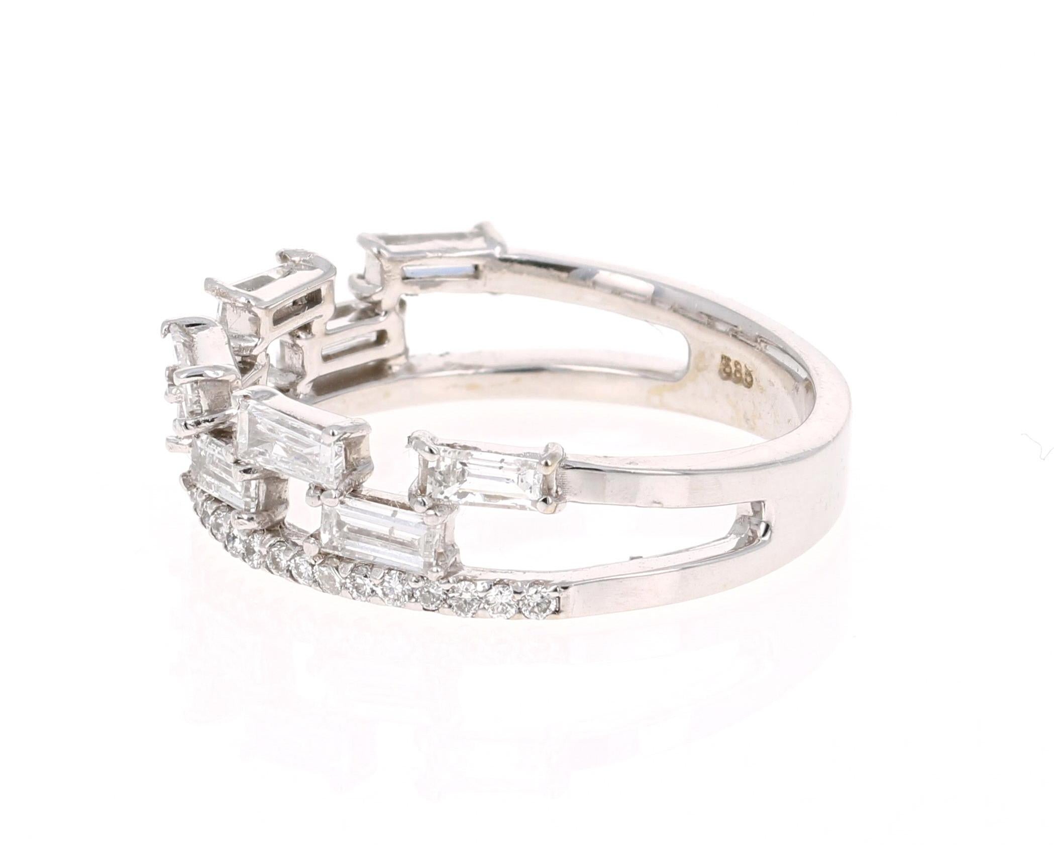Contemporary 0.83 Carat Baguette and Round Cut Diamond Band 14 Karat White Gold