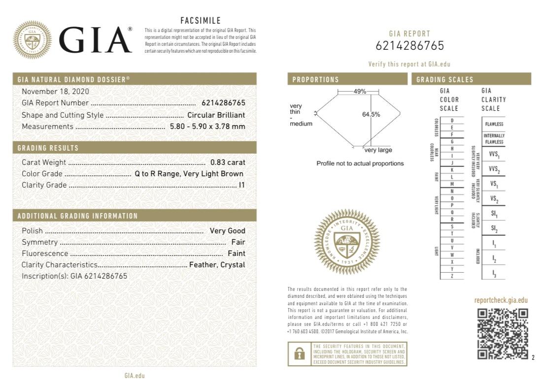 Brilliant Cut 0.83 Carat Circular Brilliant GIA Certified Q to R Range, Very Light Brown I1 CL For Sale