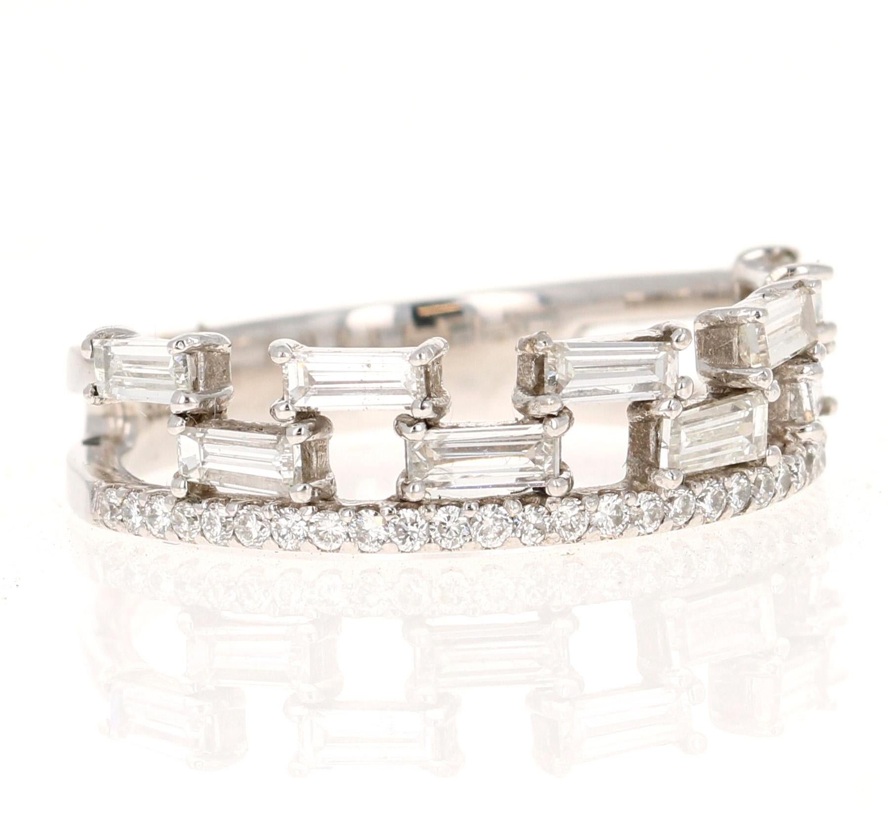This beautiful one-of-a-kind band is made with Natural Baguette Cut Diamonds that weigh 0.66 carats and also Natural Round Cut Diamonds that weigh 0.17 carats. The total carat weight of the ring is 0.83 carats. The clarity and color of the diamonds