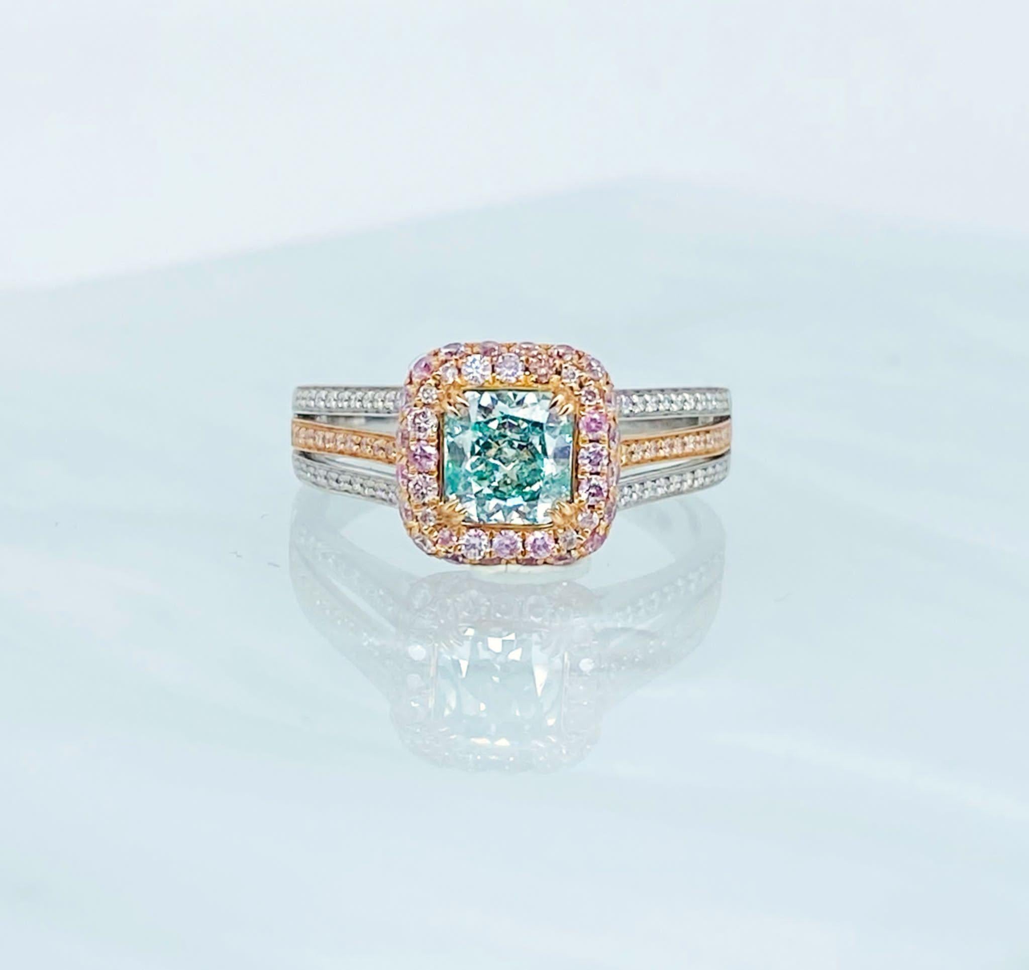 **100% NATURAL FANCY COLOUR DIAMOND JEWELLERY**

✪ Jewelry Details ✪

♦ MAIN STONE DETAILS

➛ Stone Shape: Radiant
➛ Stone Color: Fancy Light Green
➛ Stone Weight: 0.83 carat
➛ Clarity: VS1
➛ GIA certified

♦ SIDE STONE DETAILS

➛ Side Pink Diamonds