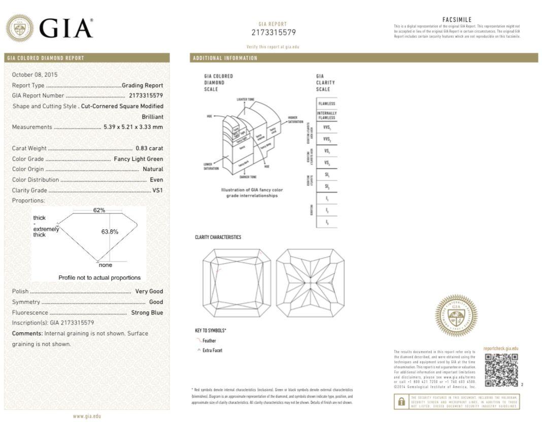 0.83 Carat Fancy Light Green Diamond Ring VS1 Clarity GIA Certified For Sale 1