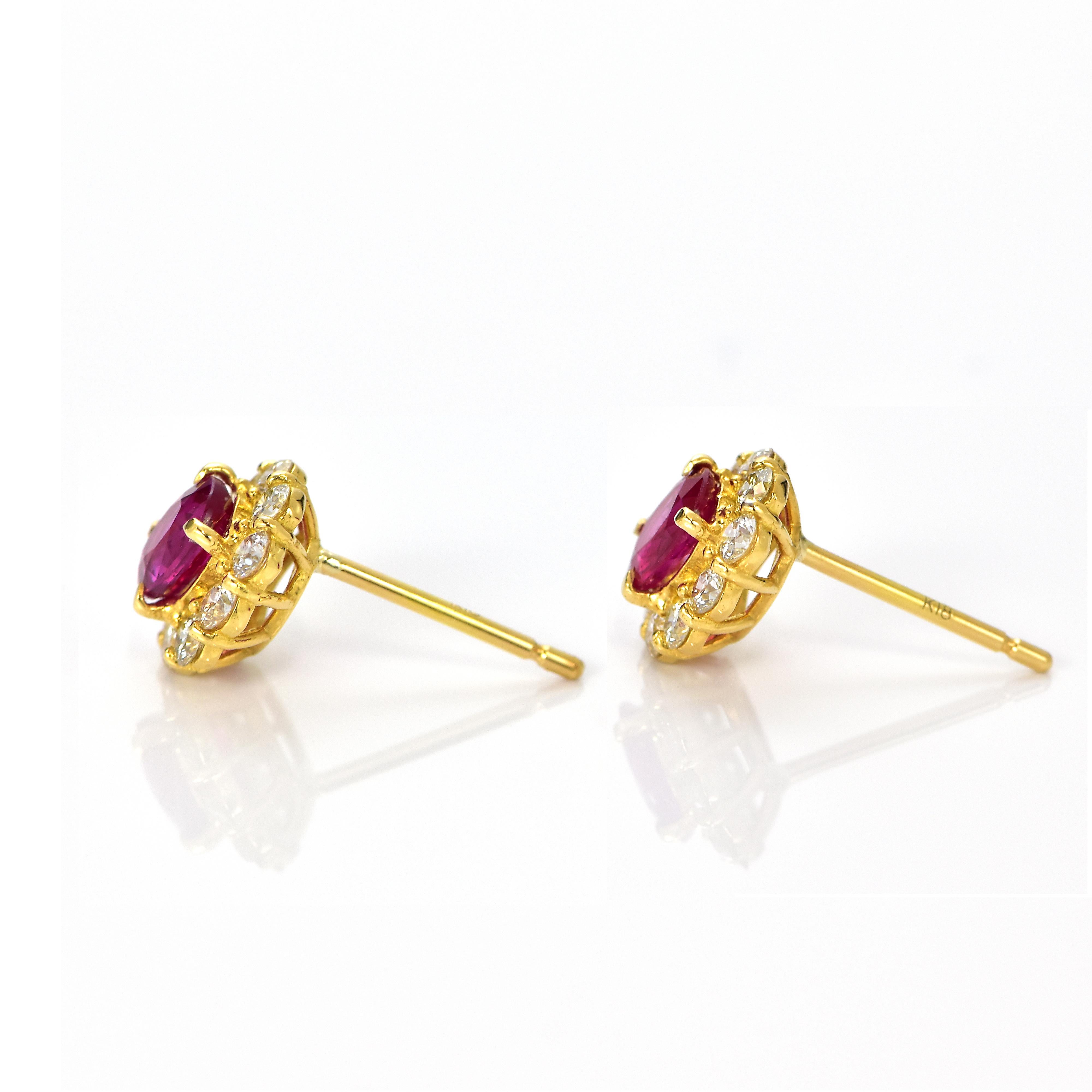 Oval Cut 0.83 Carat Natural Burmese Ruby and Diamond Stud Earrings Made in 18 Karat Gold For Sale
