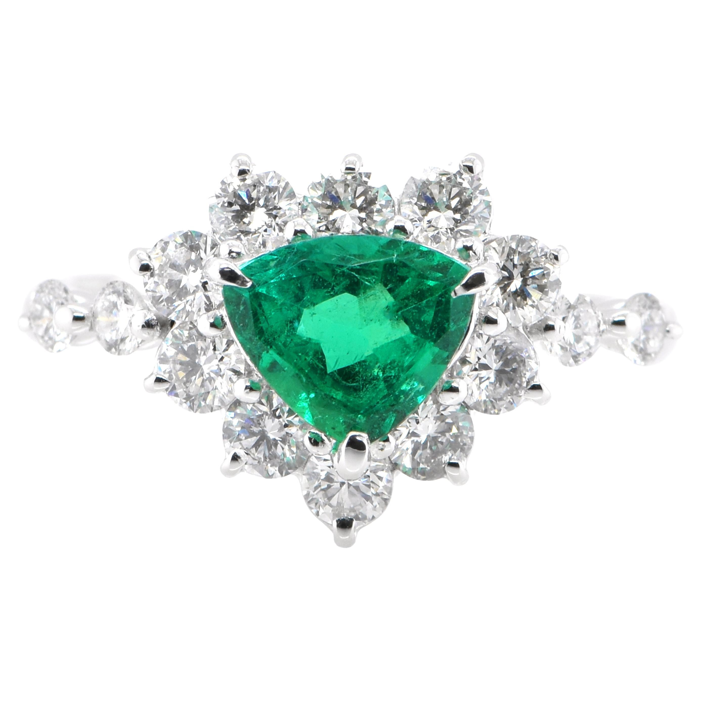  0.83 Carat Natural, Trillion Cut Emerald and Diamond Ring Set in Platinum For Sale