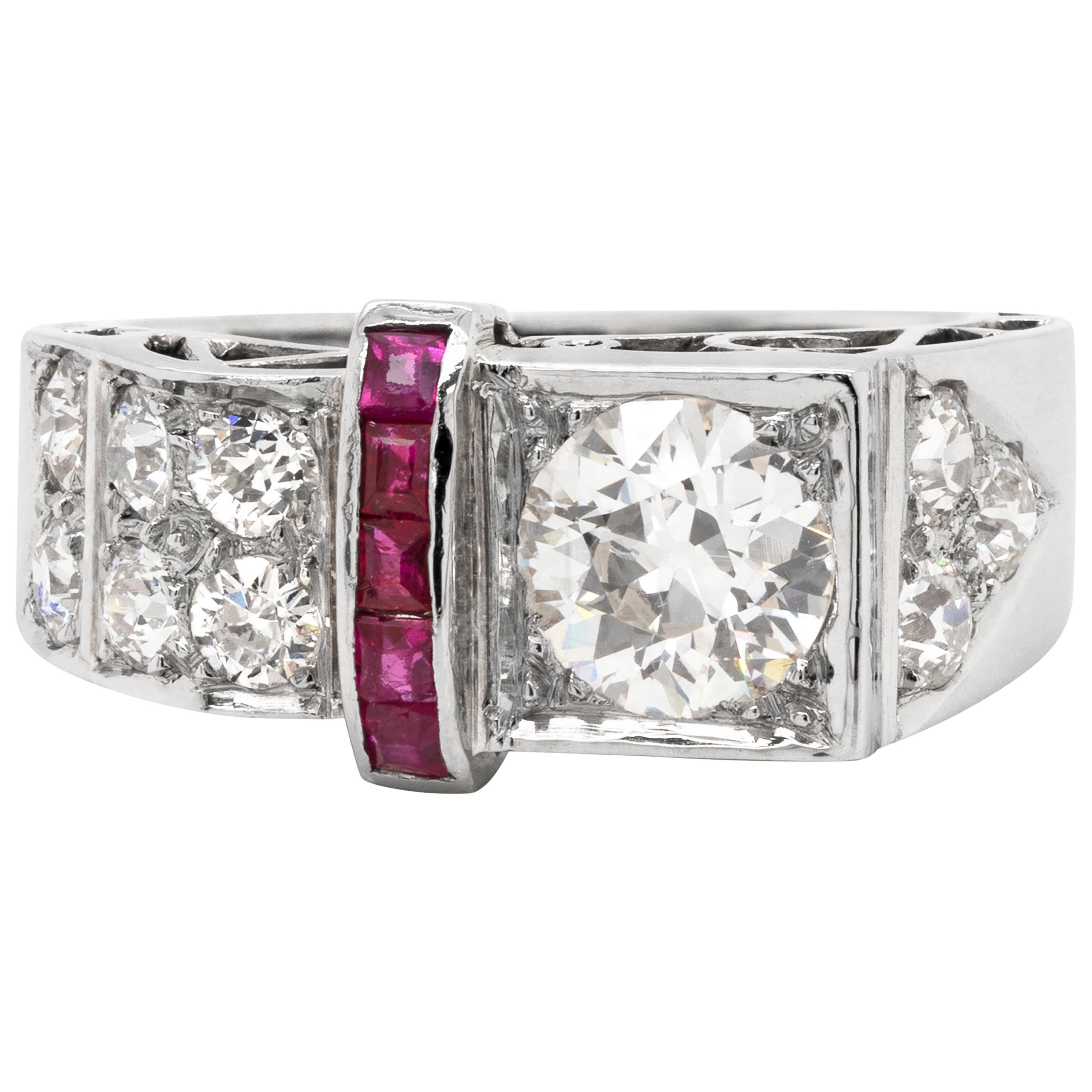 0.83 Carat Old European Cut Diamond and Ruby Platinum Ring, circa 1950s For Sale