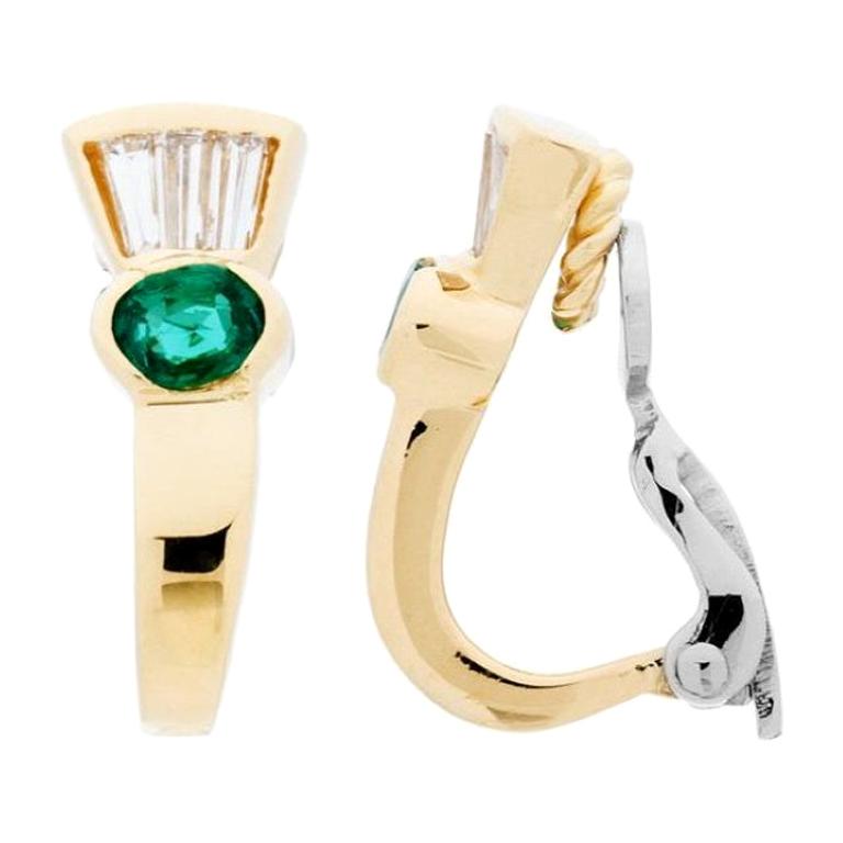 0.83 Carat Oval and Baguette Cut Emerald and Diamond Earrings 18Kt Two-Tone Gold For Sale