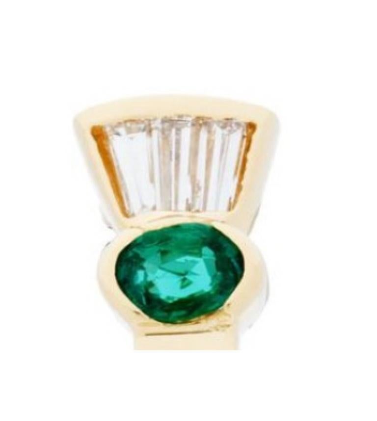 Sparkling 0.83 Carat Oval and Baguette Cut Emerald and Diamond Earrings in a 18 Karat Two-Tone Gold design.

*EARRINGS* One (1) pair of eighteen karat (18kt) yellow gold Emerald and Diamond earrings, featuring: Two (2) bezel set, oval faceted,