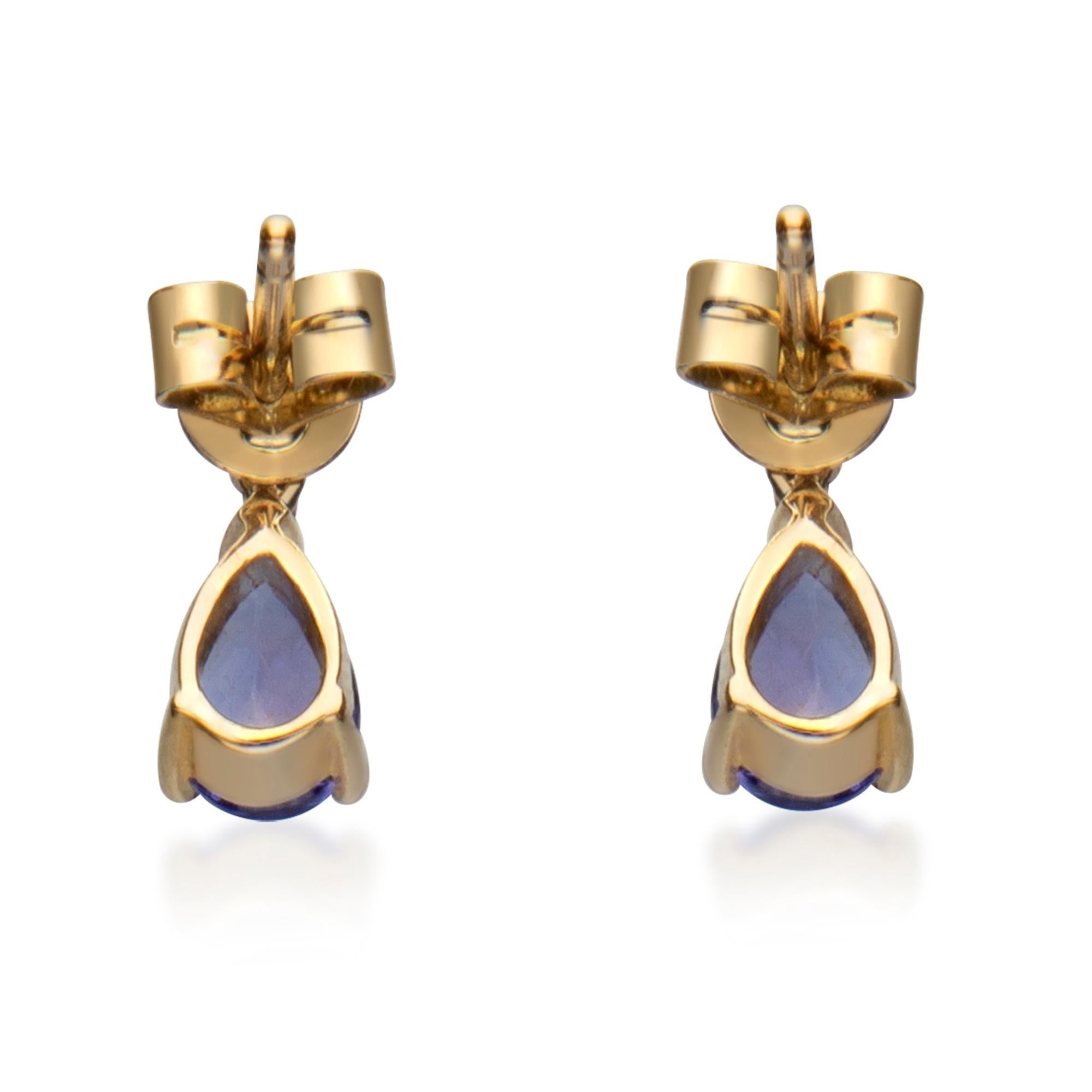 Women's 0.83 Carat Pear Cut Tanzanite Diamond Accents 14k Yellow Gold Earring For Sale