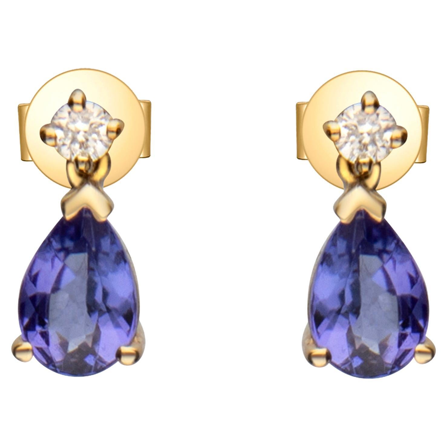 0.83 Carat Pear Cut Tanzanite Diamond Accents 14k Yellow Gold Earring For Sale