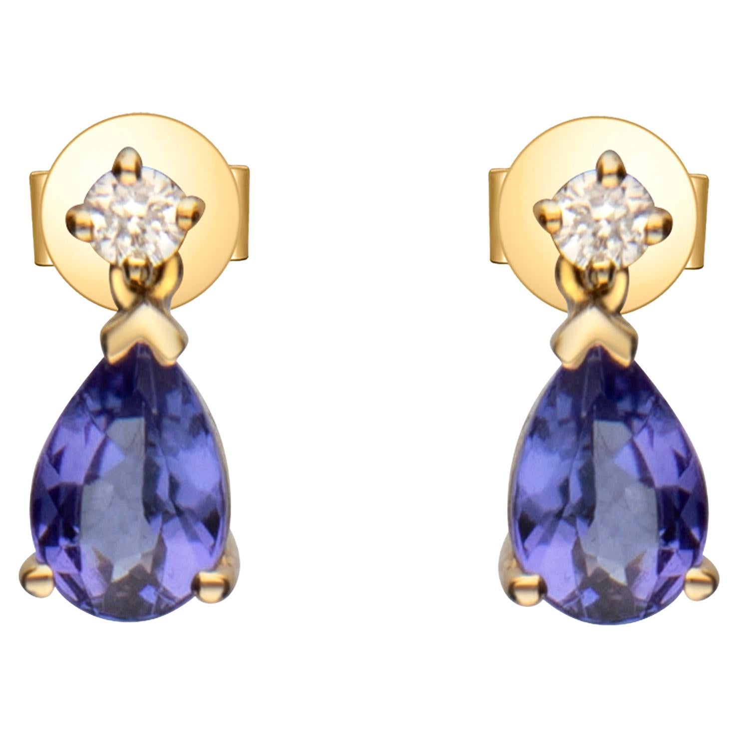 0.83 Carat Pear Cut Tanzanite Diamond Accents 14k Yellow Gold Earring