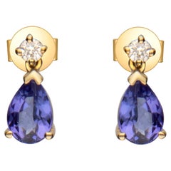 Vintage 0.83 Carat Pear Cut Tanzanite Diamond Accents 14k Yellow Gold Earring