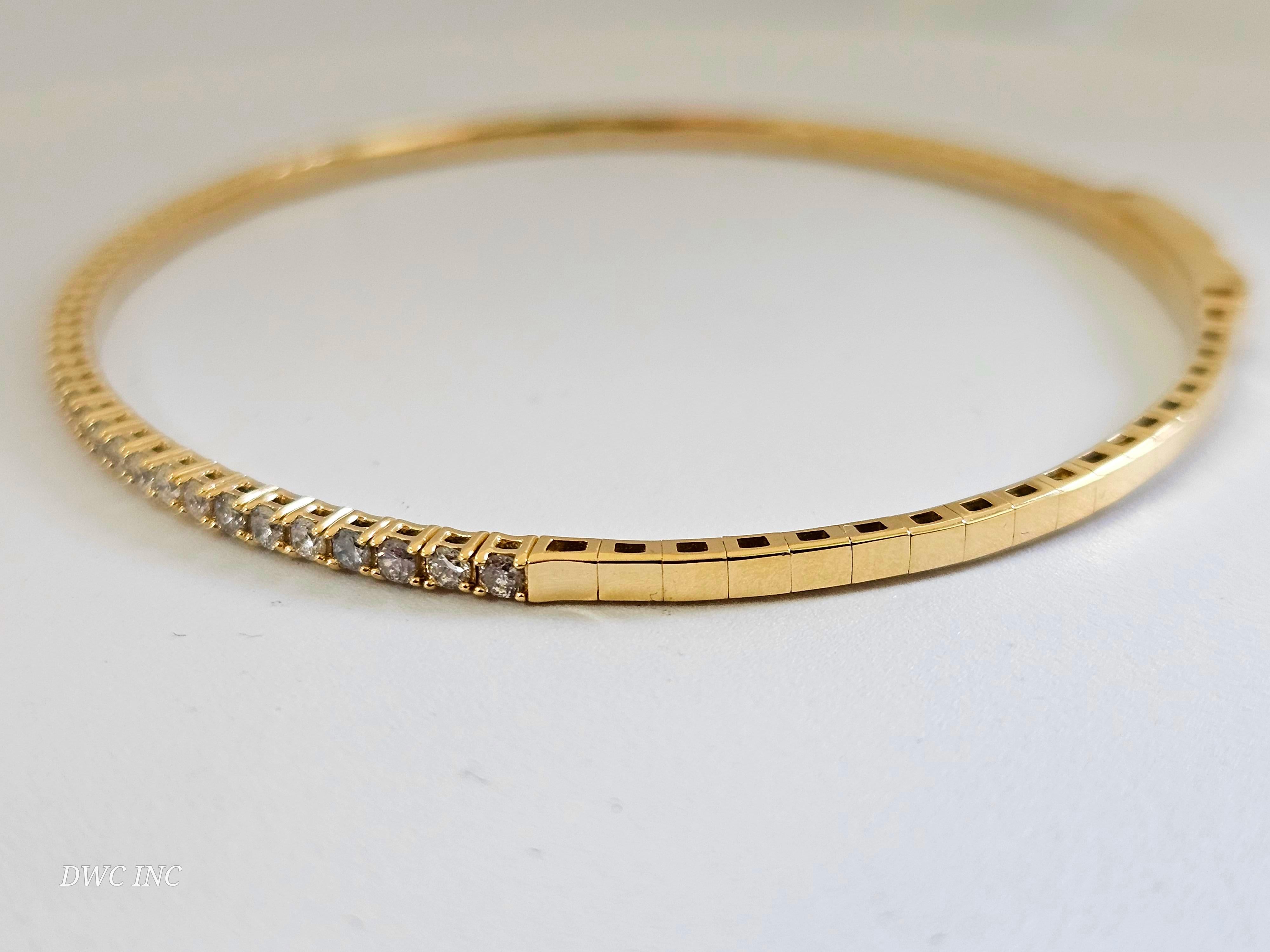Women's or Men's 0.83 Carat Round Brilliant Cut Diamond Mini bangle Bracelet 14 Karat Yellow Gold