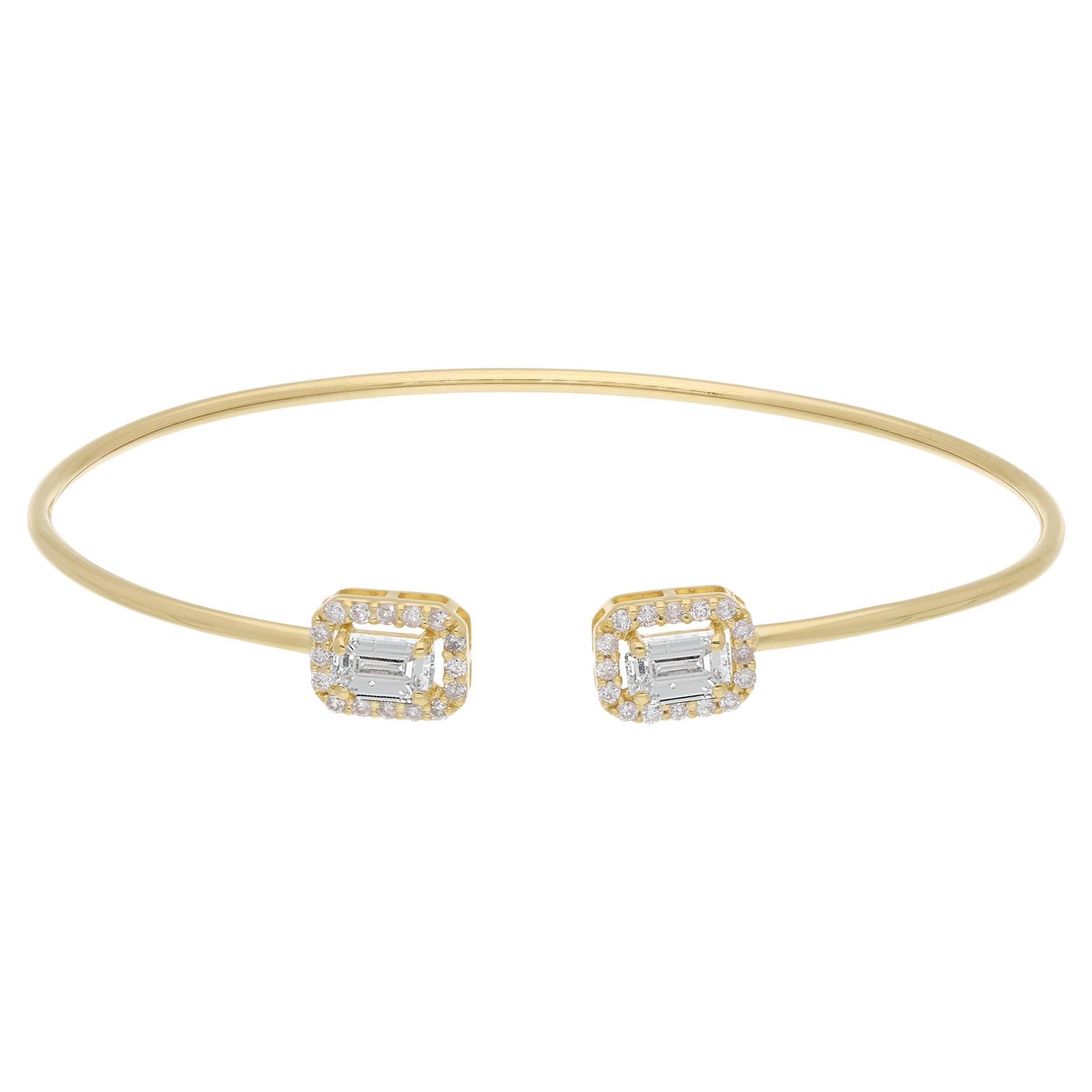 0.83 Carat Round & Emerald Cut Diamond Cuff Bangle Bracelet 18 Karat Yellow Gold For Sale