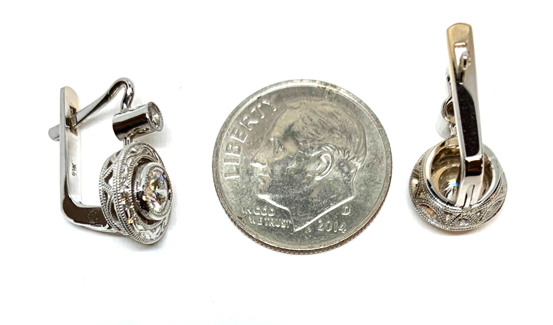 Diamond Round Drop Earrings in Hand Engraved White Gold Bezels For Sale 4