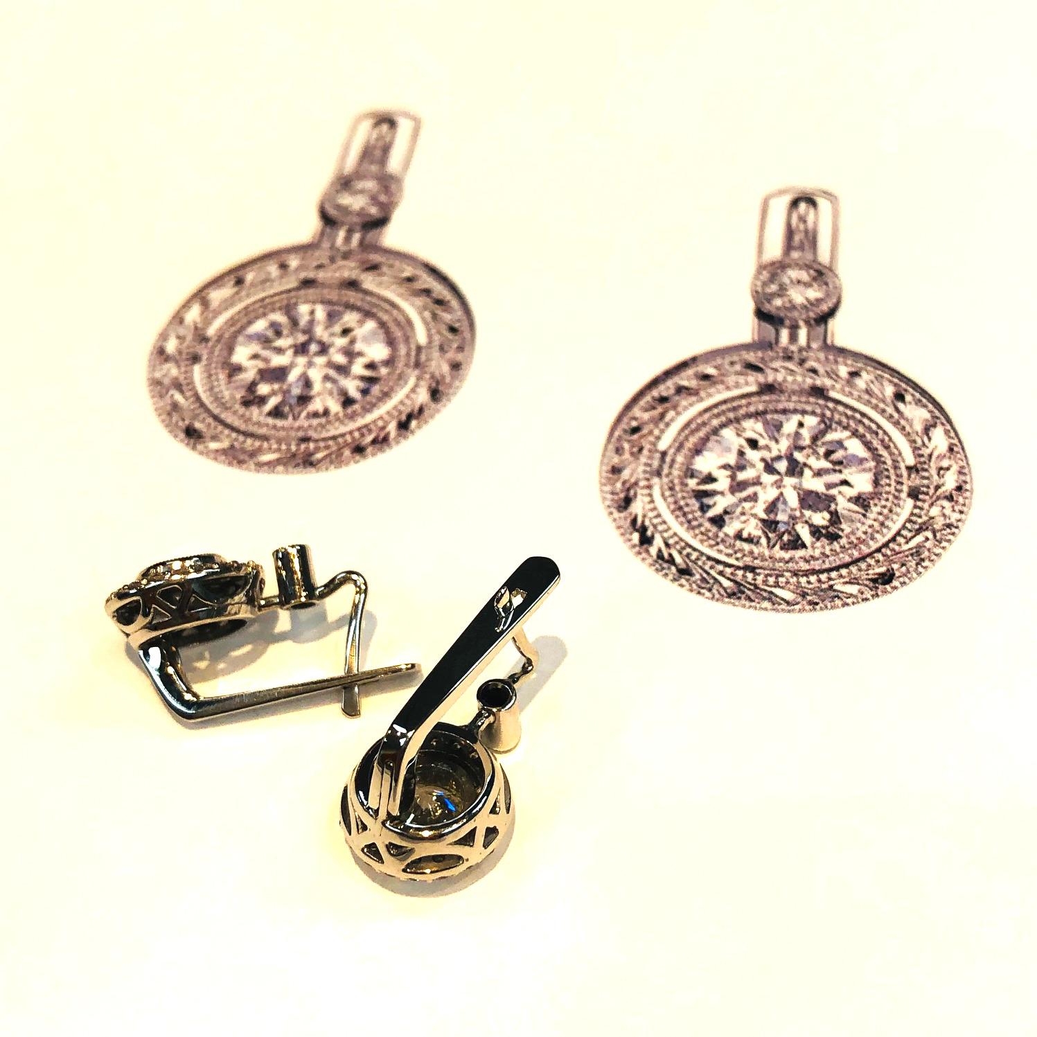 Diamond Round Drop Earrings in Hand Engraved White Gold Bezels  For Sale 5