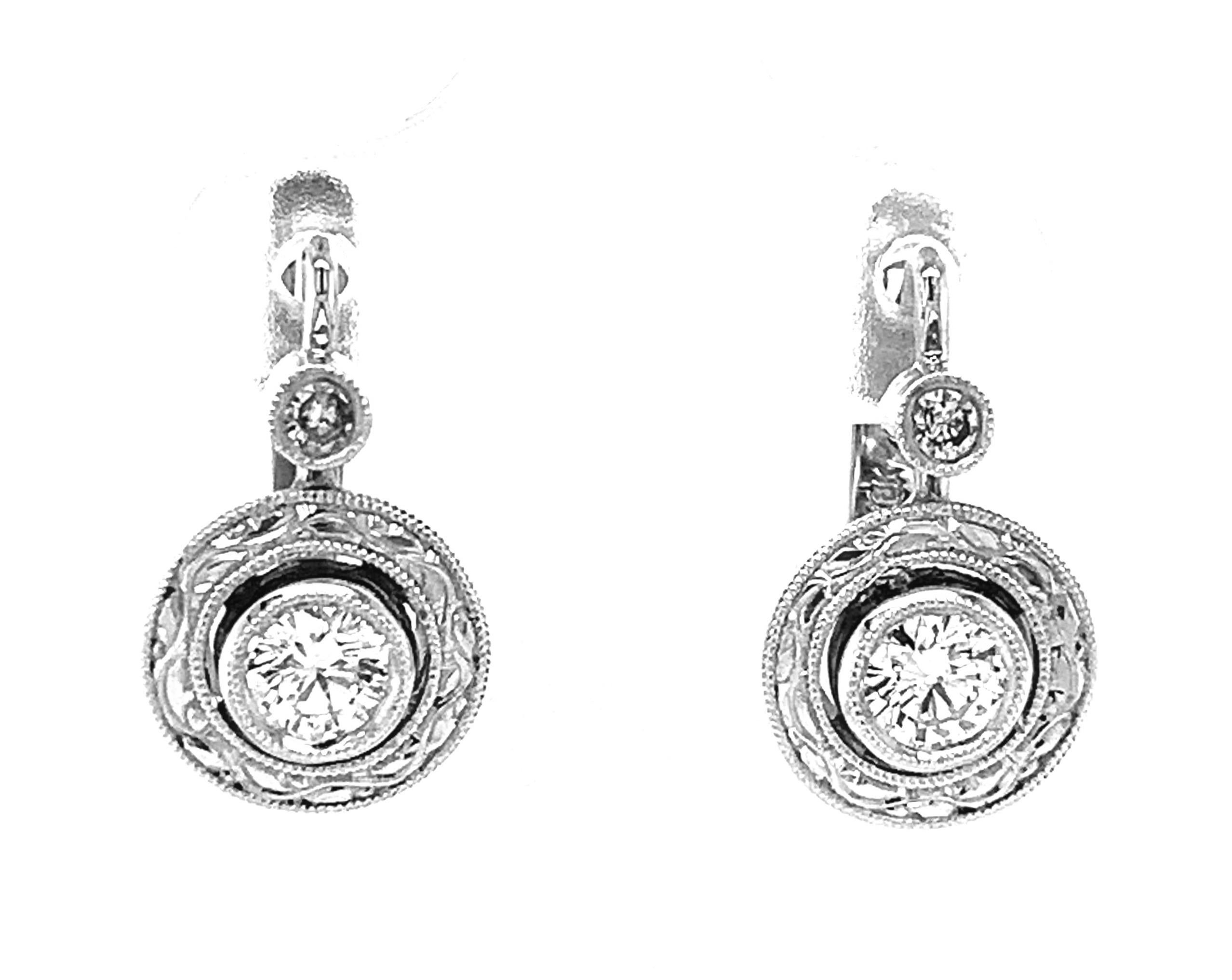 Artisan Diamond Round Drop Earrings in Hand Engraved White Gold Bezels  For Sale