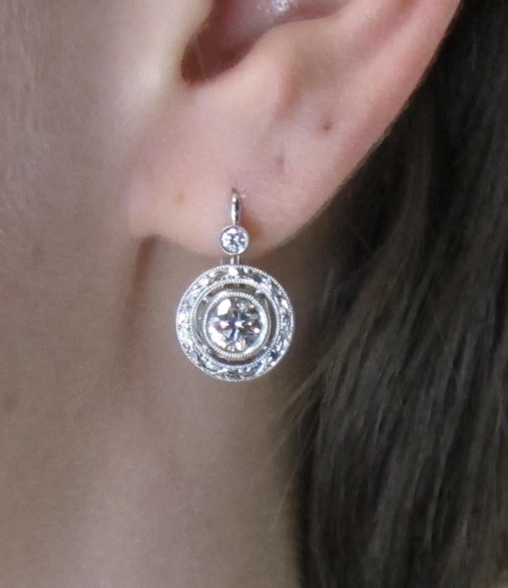Diamond Round Drop Earrings in Hand Engraved White Gold Bezels  For Sale 2