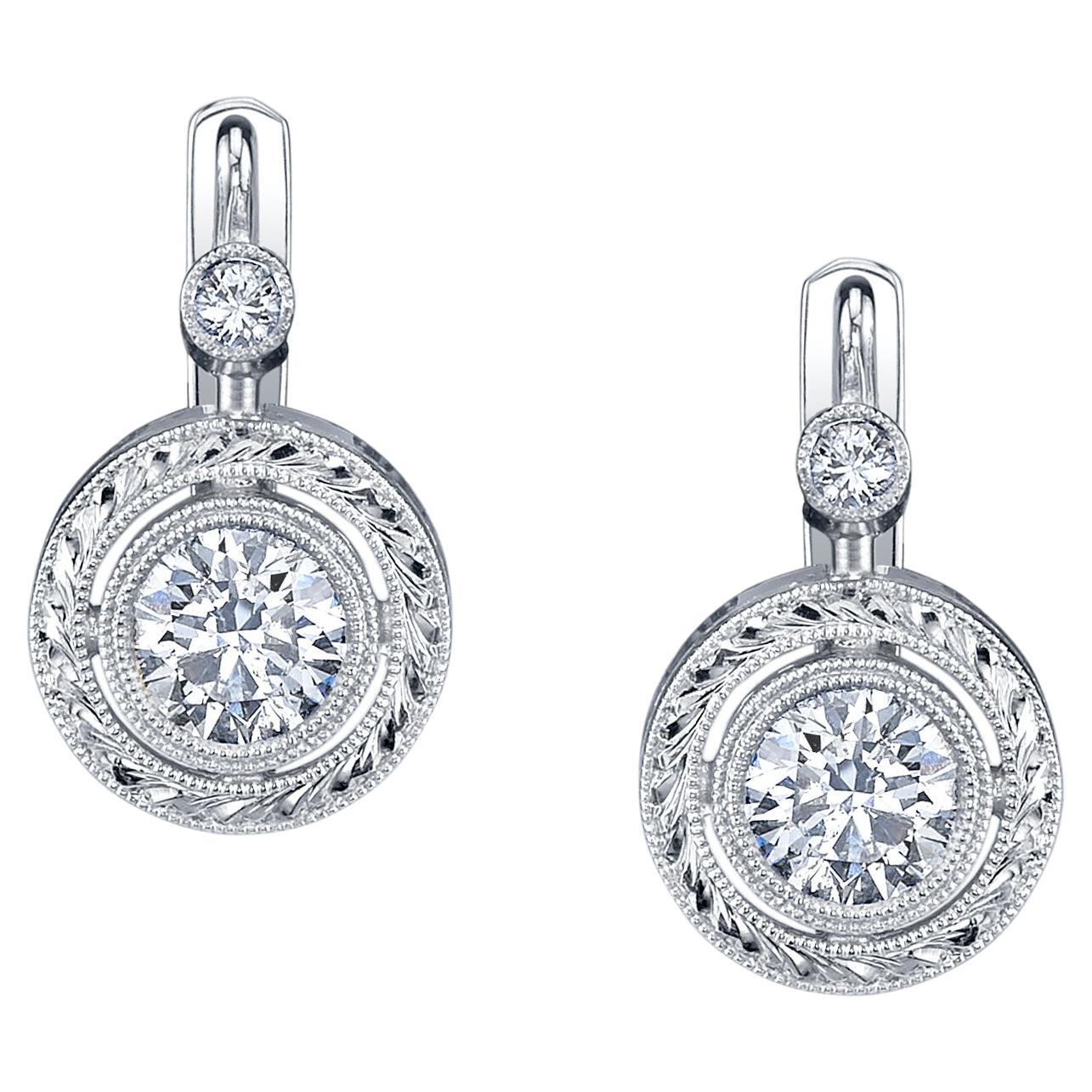 Diamond Round Drop Earrings in Hand Engraved White Gold Bezels 