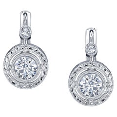 Diamond Round Drop Earrings in Hand Engraved White Gold Bezels 
