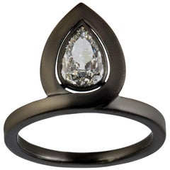 0.83 Carat White Oldcut Pear Diamond Ring in 18 Karat Blackened Gold
