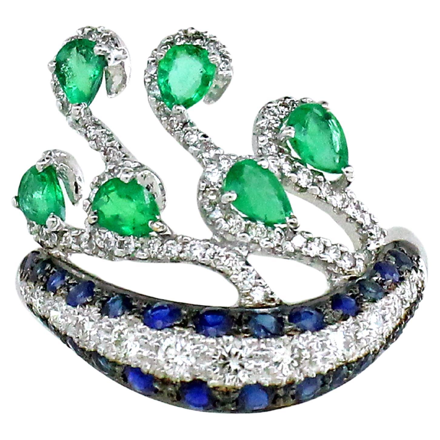 0.83 carats Emerald and 0.76 Sapphire ring  For Sale