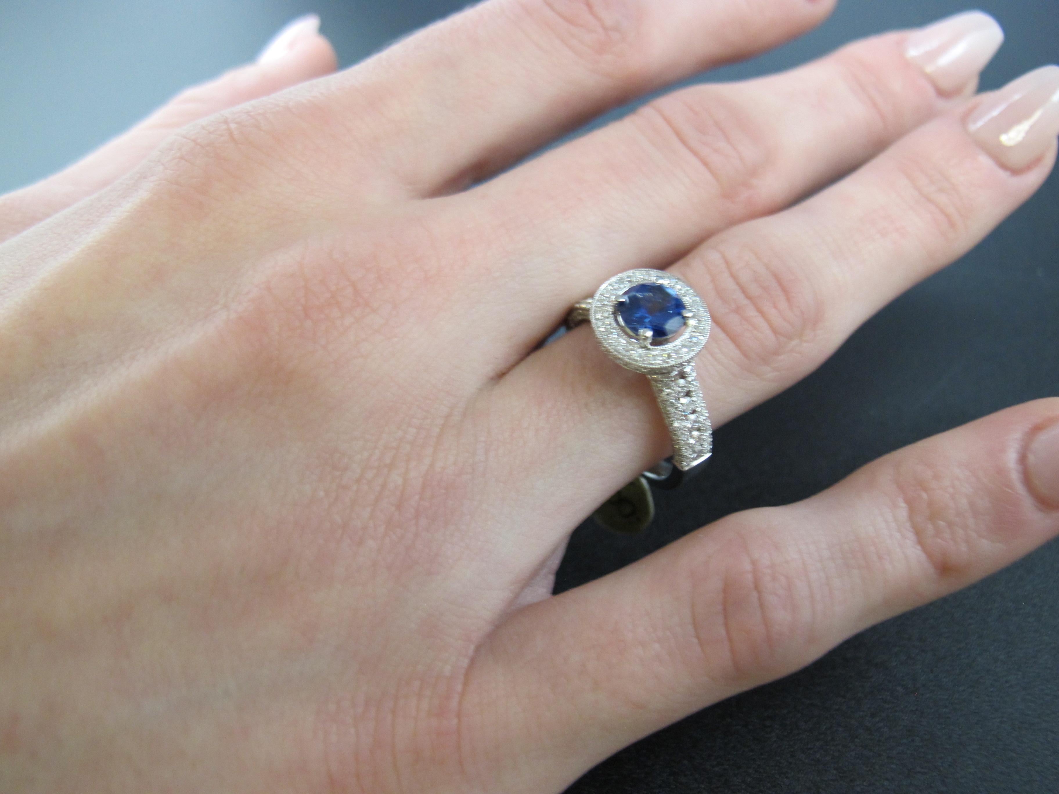 Women's Cornflower Blue Sapphire and Diamond Halo Engagement Ring in 18k White Gold For Sale