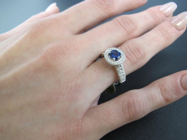Cornflower Blue Sapphire, Pave Diamond Halo 18k White Gold Engagement Band Ring For Sale 2