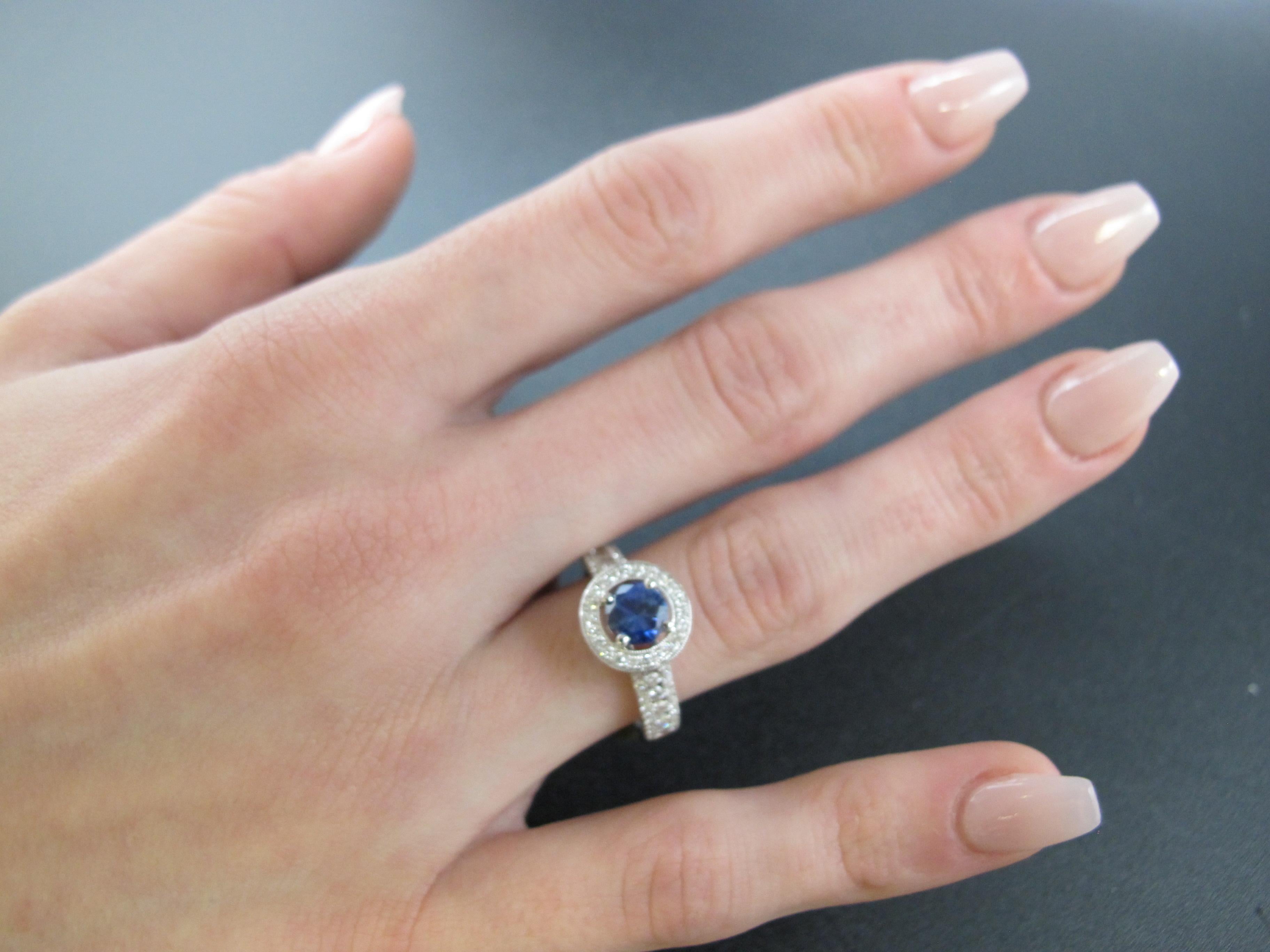 Cornflower Blue Sapphire and Diamond Halo Engagement Ring in 18k White Gold For Sale 1