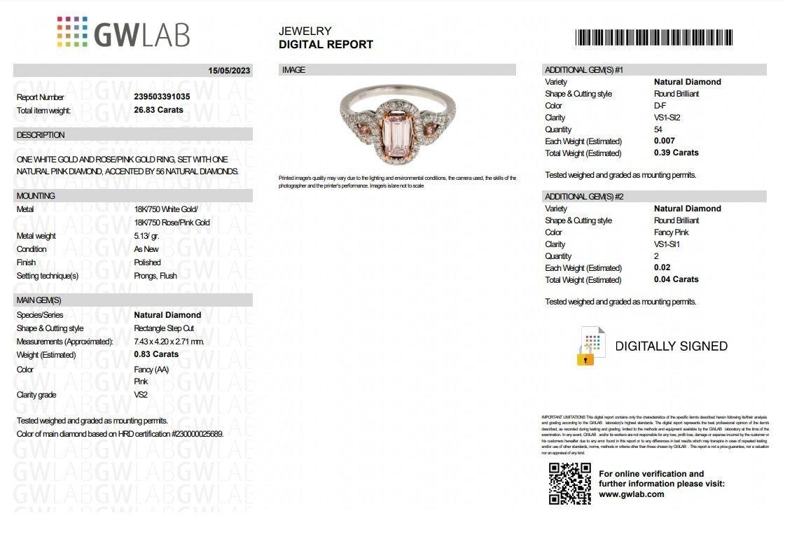 Baguette Cut 0.83 Carat Fancy Pink Diamond Ring Certified by HRD Antwerp and GWlabs