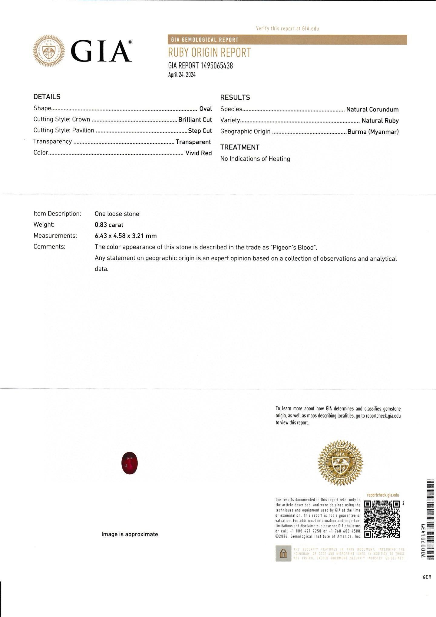 0.83 Ct GIA Certified  Unheated Burma Natural Ruby Pigeon Blood Color eyes clean For Sale 5