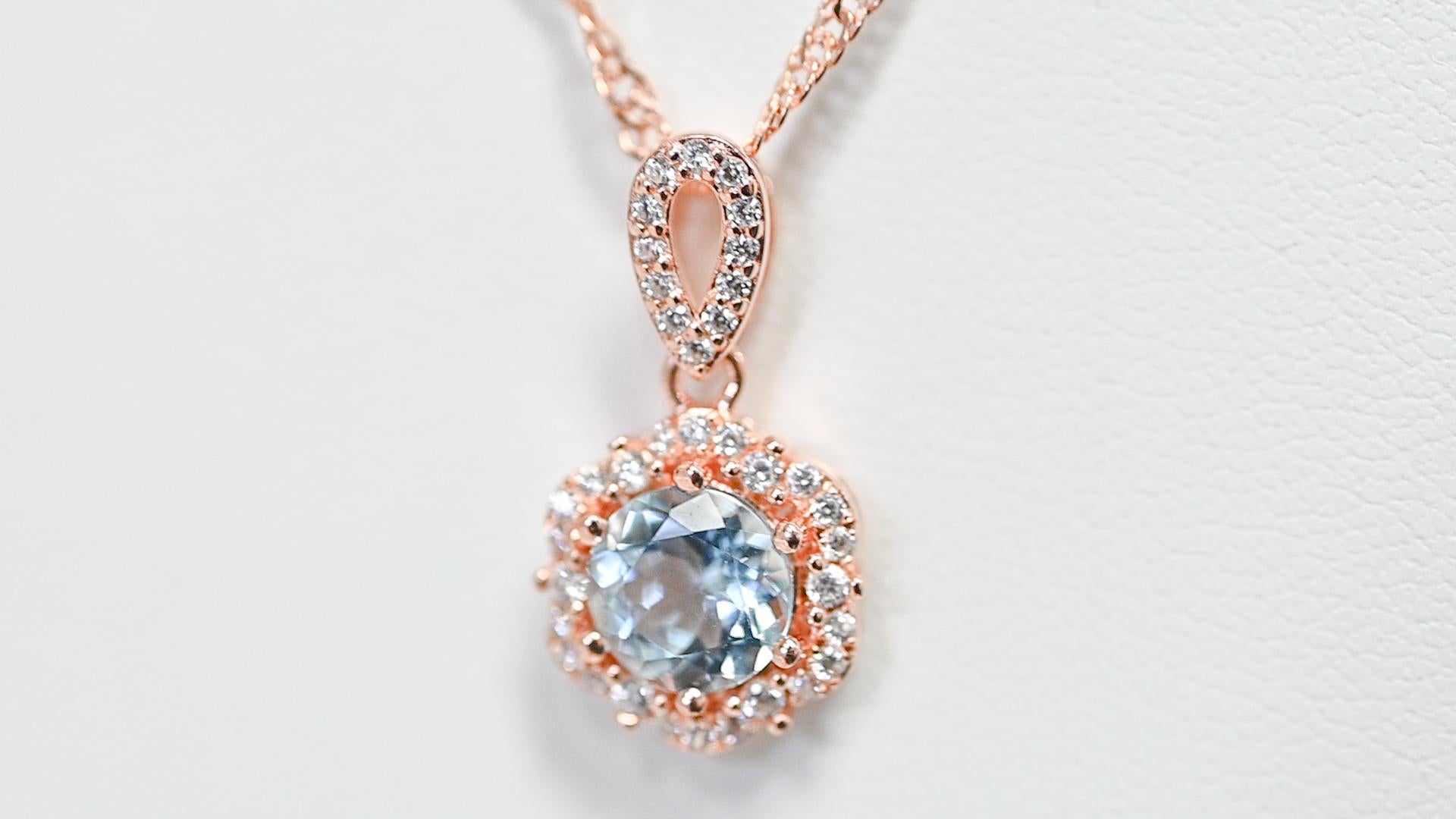 Art Deco 0.83 Cts Round Aquamarine Bridal Pendant Necklace Rose Gold Plated Jewelry    For Sale