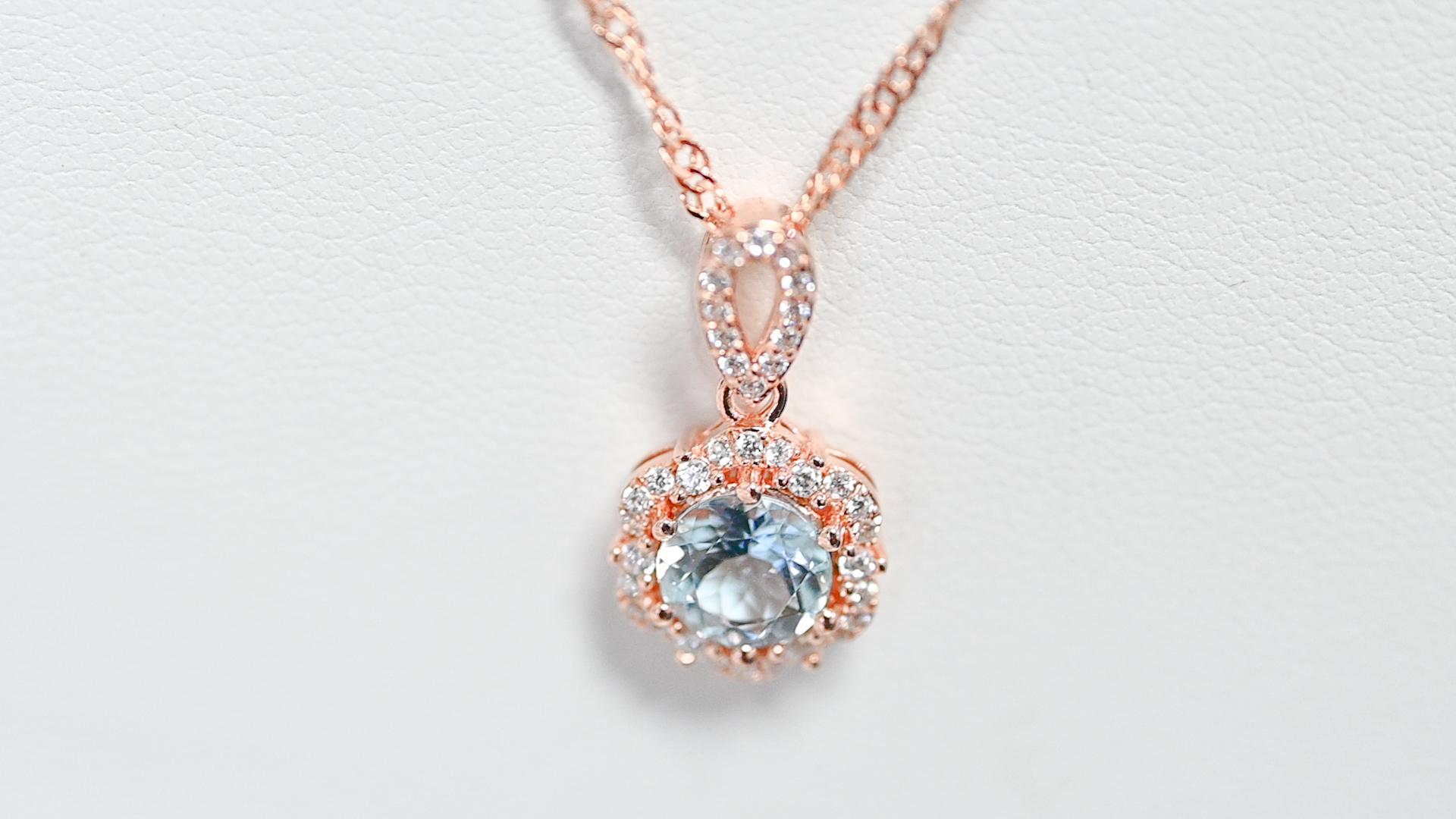 Round Cut 0.83 Cts Round Aquamarine Bridal Pendant Necklace Rose Gold Plated Jewelry    For Sale