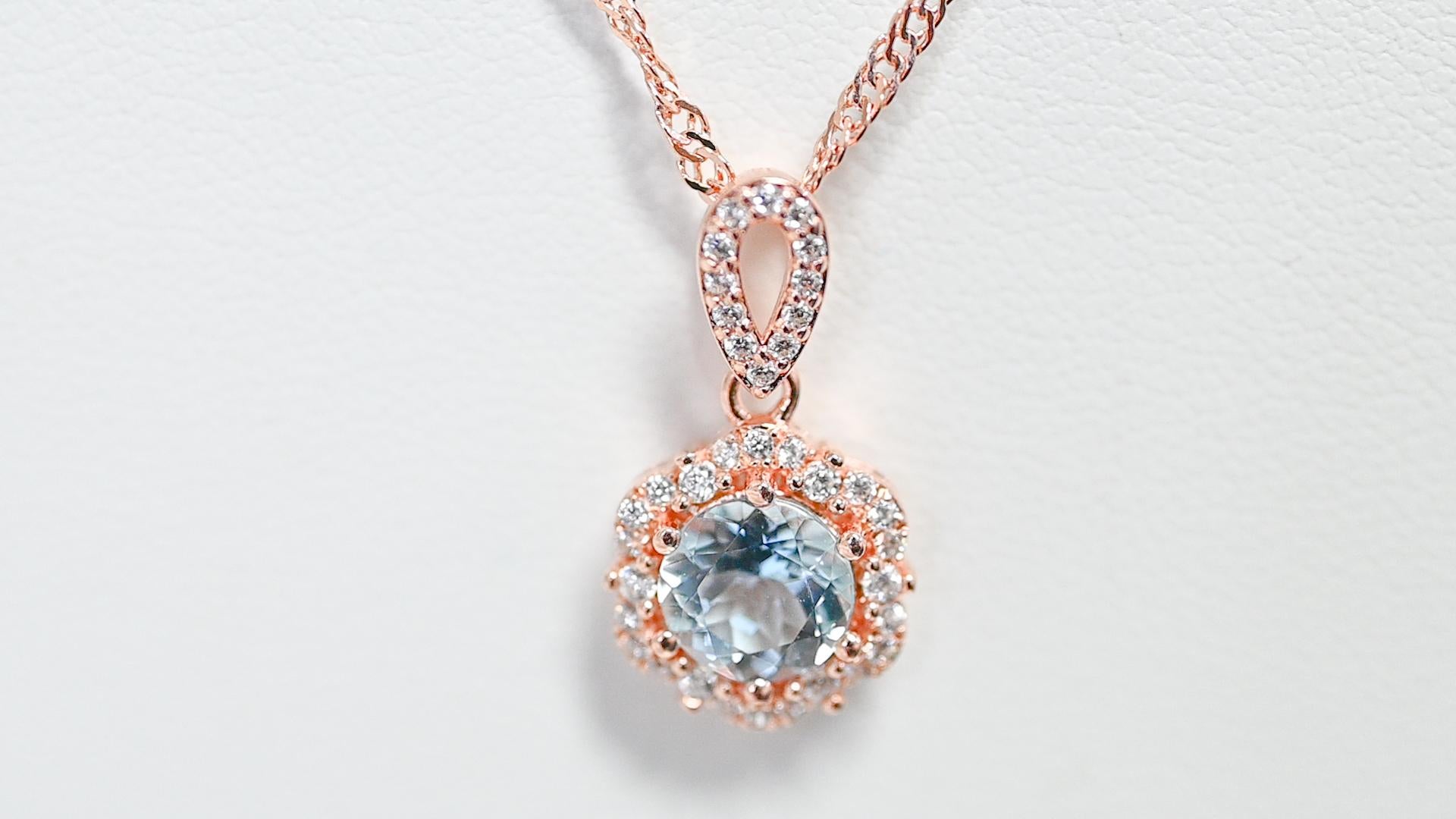 0.83 Cts Round Aquamarine Bridal Pendant Necklace Rose Gold Plated Jewelry    In New Condition For Sale In New York, NY