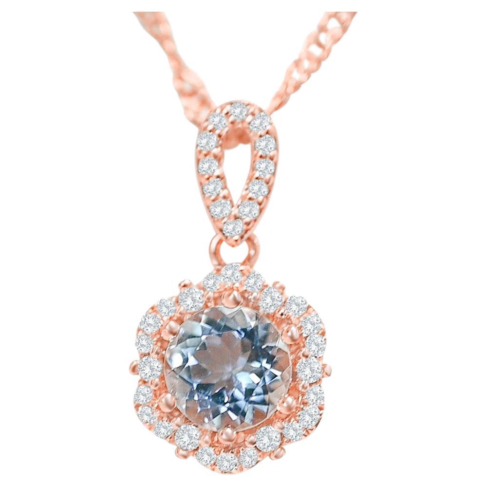 0.83 Cts Round Aquamarine Bridal Pendant Necklace Rose Gold Plated Jewelry   