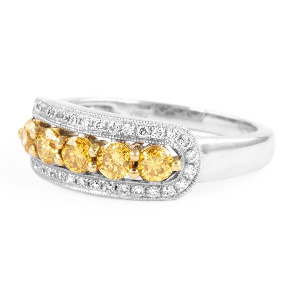Contemporary 0.83ct Fancy Intense Yellow Diamond Cocktail Ring 18k Two Tone For Sale