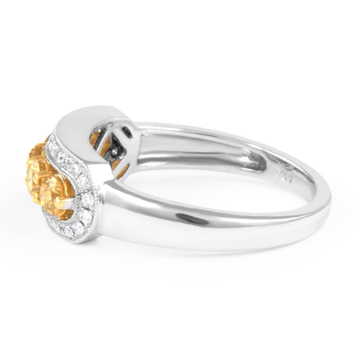 Round Cut 0.83ct Fancy Intense Yellow Diamond Cocktail Ring 18k Two Tone For Sale