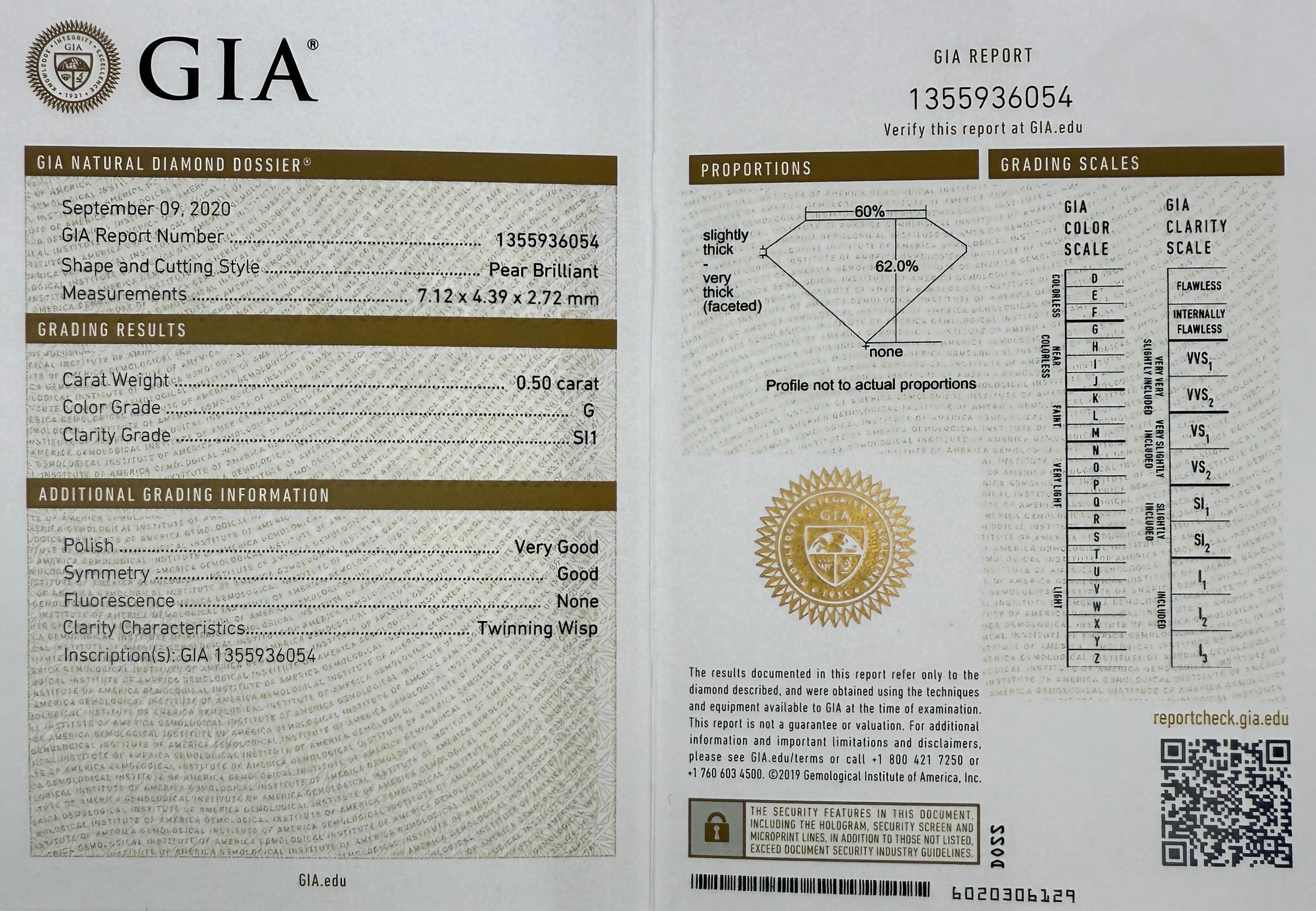 Anello aureolato in platino 950 con diamante naturale taglio pera certificato GIA. 
0,83 Carati totali.

Pietra centrale di diamante naturale da 0,50 carati con taglio a pera brillante. Completamente certificato dal GIA. Ha una purezza Si1 e un