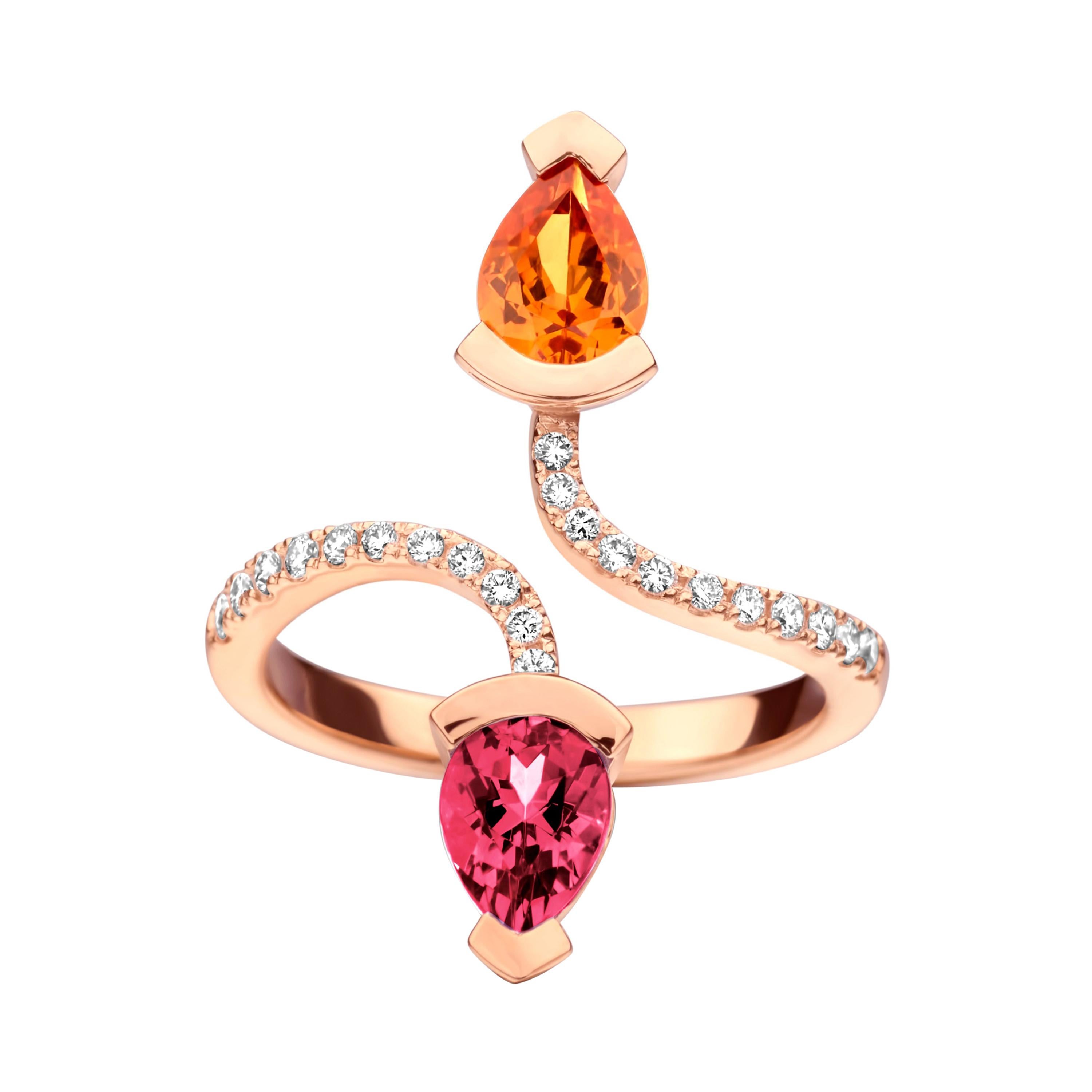 0.83Ct Mandarin Garnet and 0.81Ct Rubellite 18Kt Rose Gold Diamond Ring