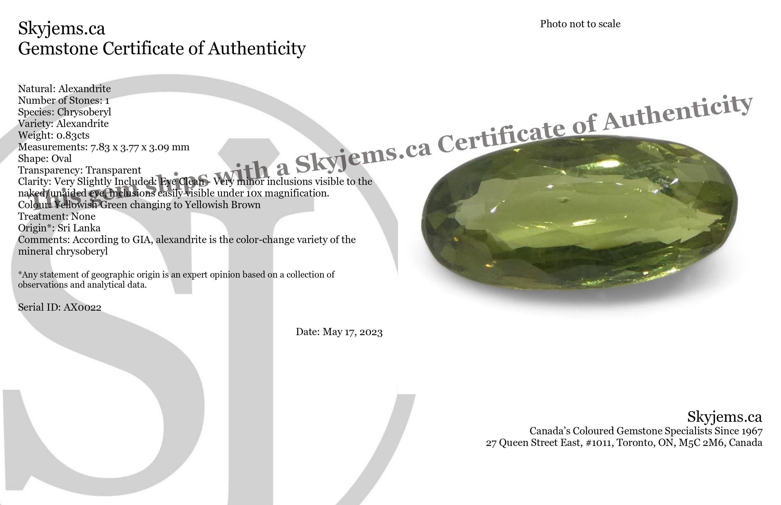 Beschreibung:

Edelstein-Typ: Alexandrit 
Anzahl von Steinen: 1
Gewicht: 0,83 Karat
Abmessungen: 7,83 x 3,77 x 3,09 mm
Die Form: Oval
Schliffart Krone: Brillantschliff
Pavillon der Schliffarten: Brillant-Schliff 
Transparenz: Durchsichtig
Klarheit: