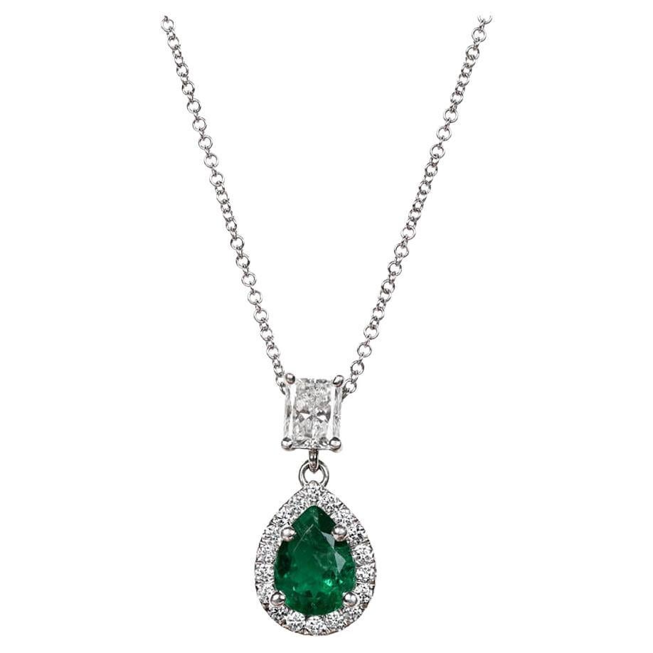 0.83ct Pear Shape Emerald Pendant Necklace, Diamond Halo, 18k White Gold For Sale