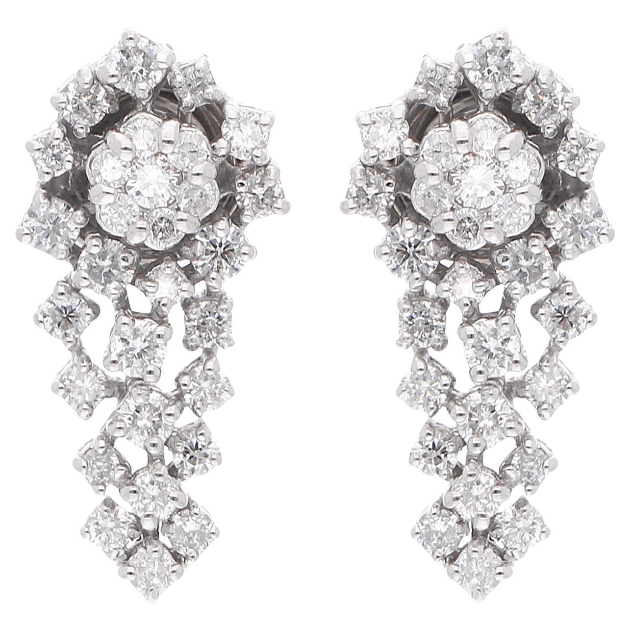 0.83ct SI/H Natural Diamond Floral Cluster Drop Earrings 18 Karat White Gold