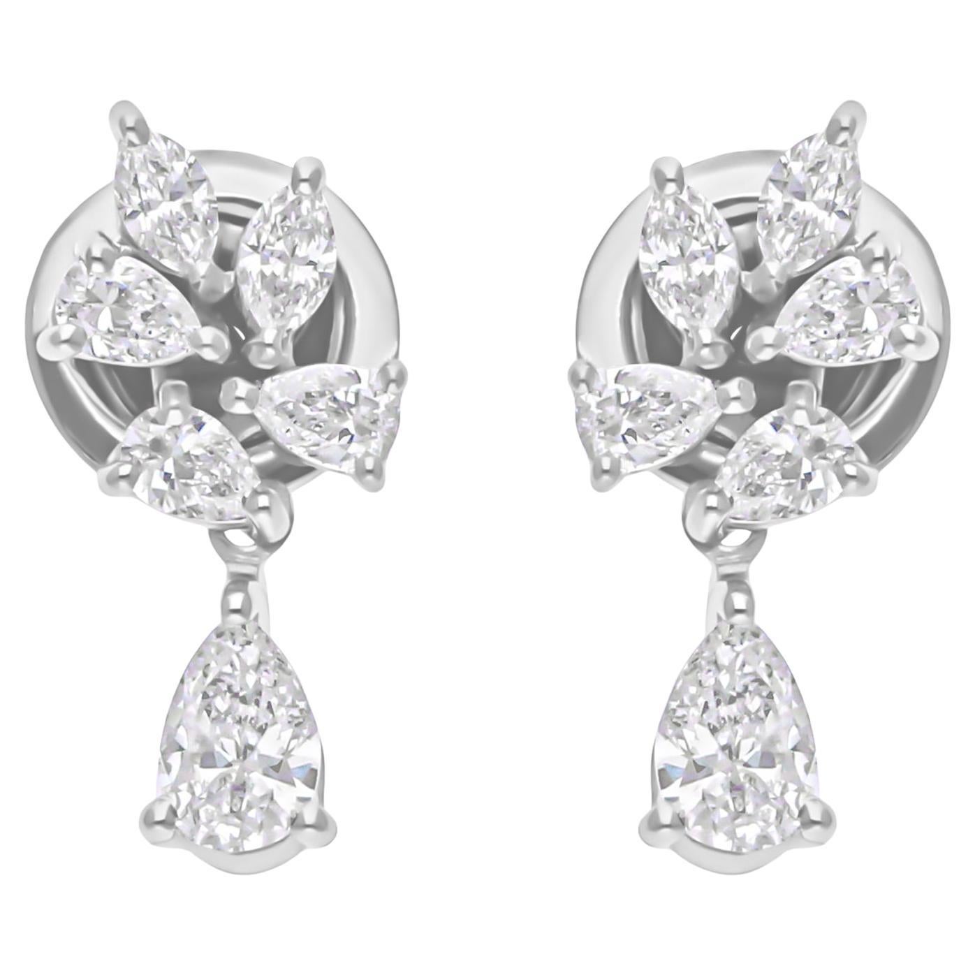 0,83Ct SI/H Diamante talla marquesa pera Pendientes de gota minúsculos Oro blanco 14 quilates
