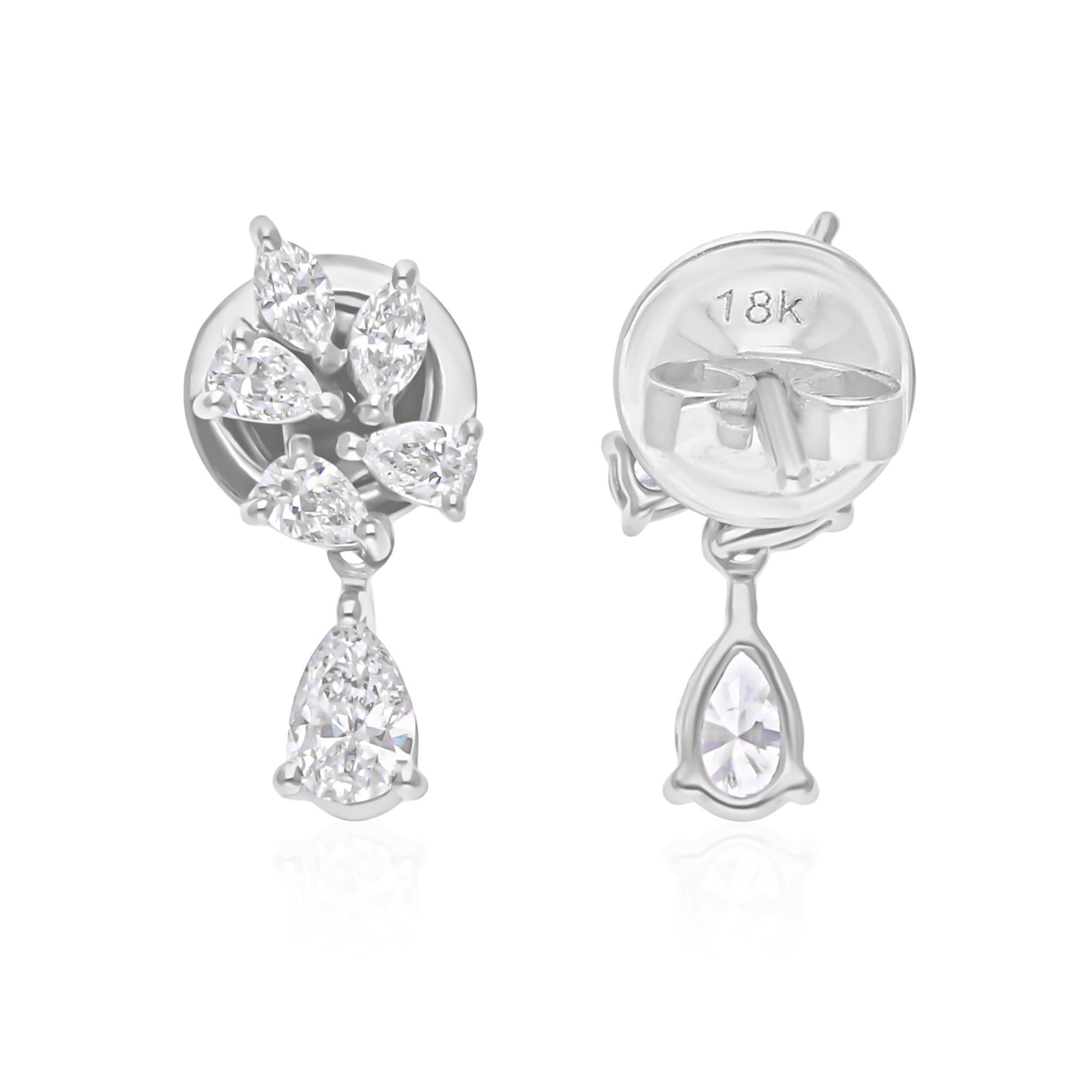 Taille mixte 0.83Ct SI/H Pear Marquise Cut Diamond Tiny Drop Earrings 18 Karat White Gold en vente