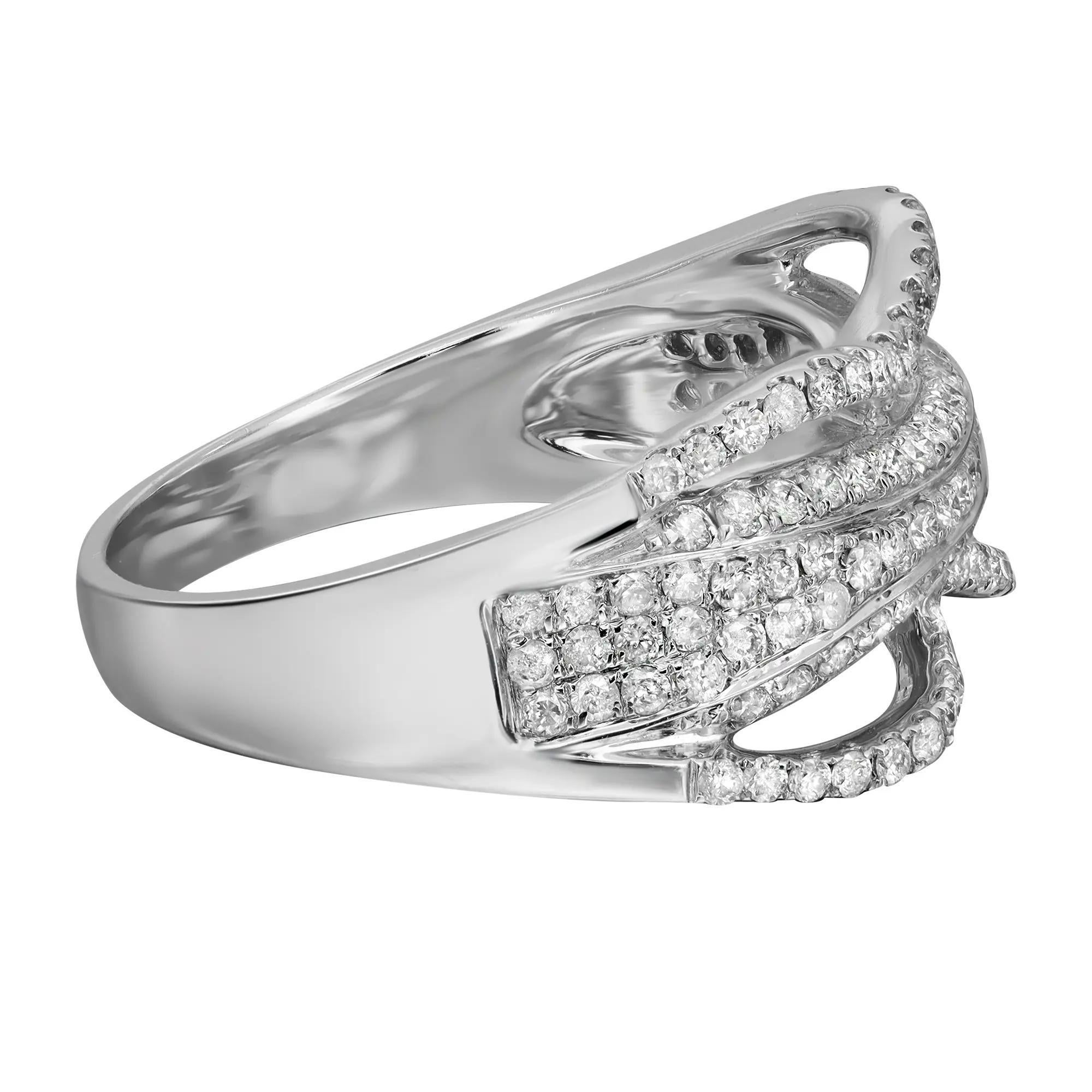 This beautiful ladies cocktail ring features prong set round cut sparkling diamonds weighing 0.83 carat. Diamond color I and clarity SI. Crafted in high polish 14K white gold. This elegant timeless design is a perfect fit for any occasion. Ring size